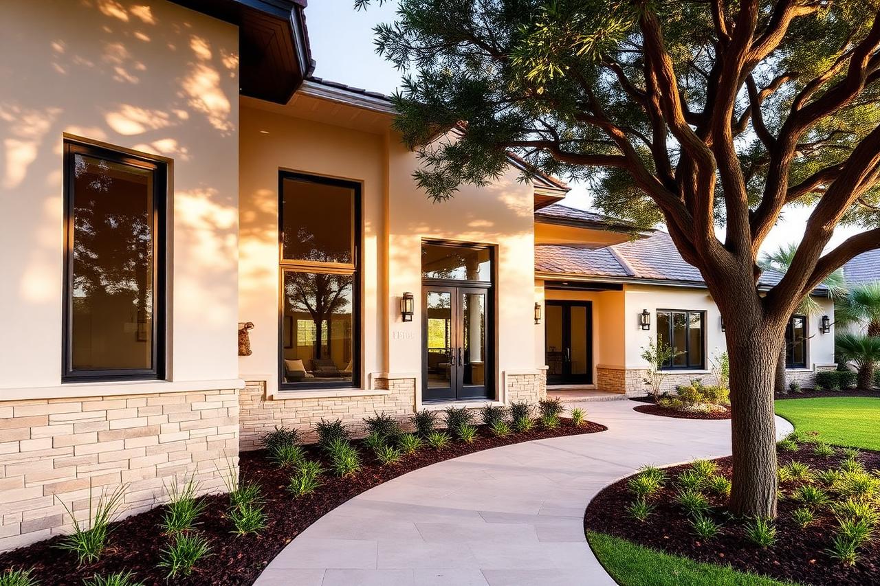 Refined Central Florida residence with mature landscaping in warm light